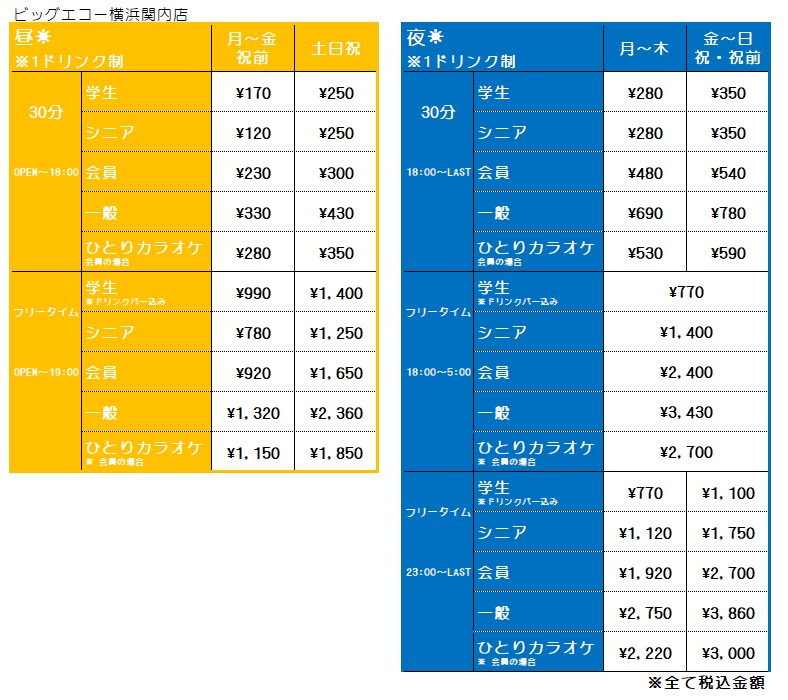 ビッグエコー横浜関内店料金