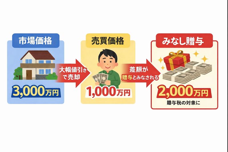 みなし贈与とは、実際には贈与のつもりがなくても、税務上「贈与があった」と判断されてしまうことを指します。 親族間で不動産を時価より大幅に安く売買した場合、その差額分が贈与とみなされ、贈与税が課される可能性があります。