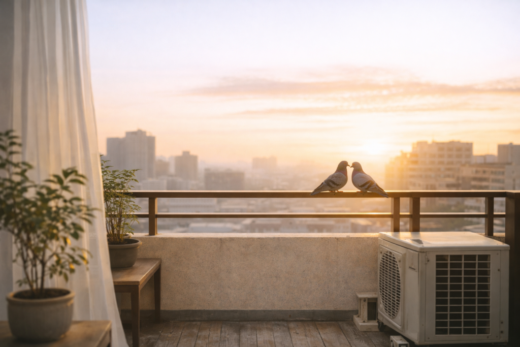 朝日が差し込むマンションのバルコニーの手すりに、寄り添う2羽の鳩がとまっている様子