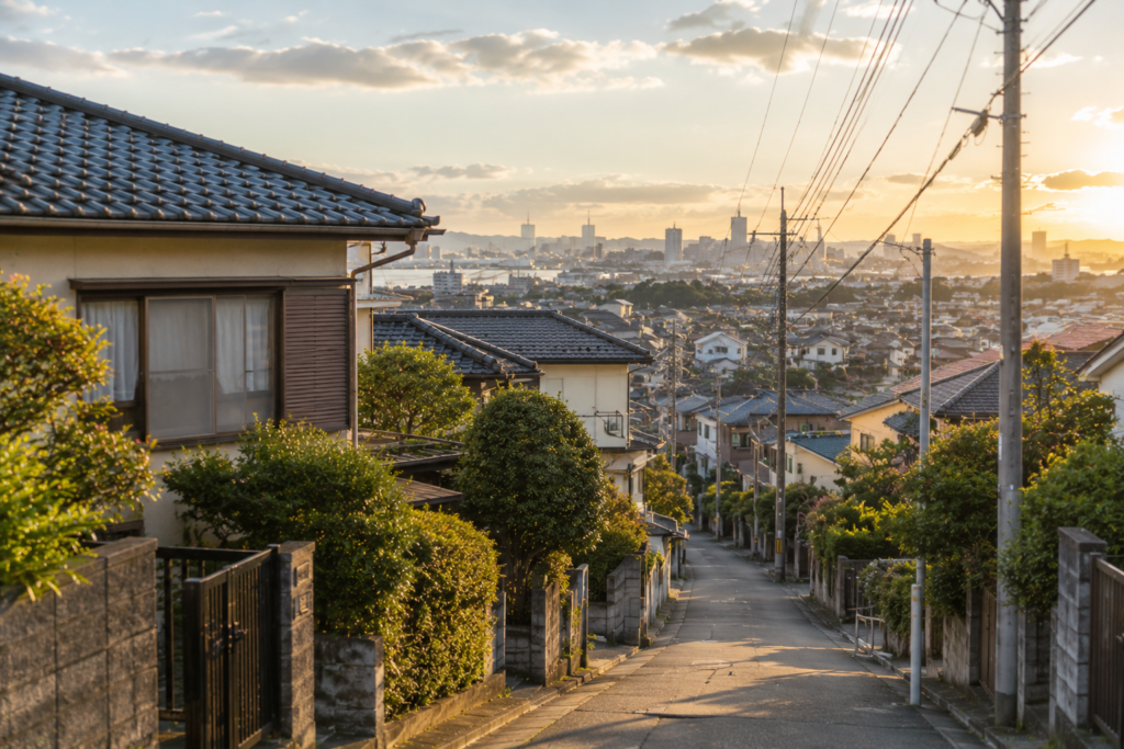 夕暮れの住宅街と遠景の都市