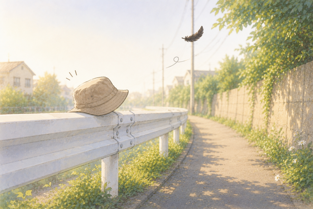 朝の散歩道、ガードレールに少しズレた帽子