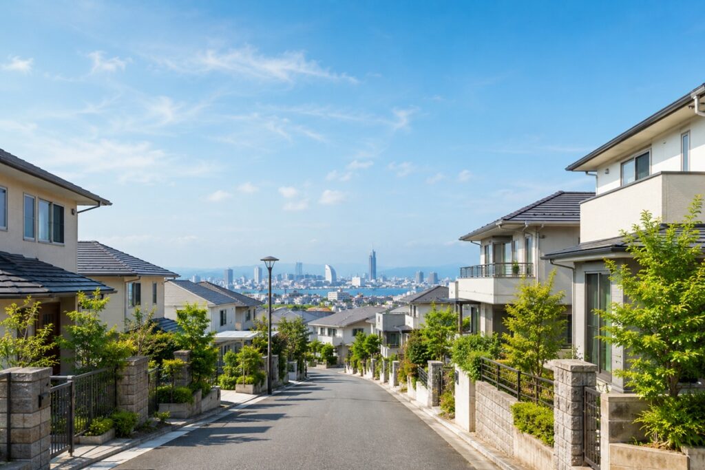 静かな住宅街と都市の景色