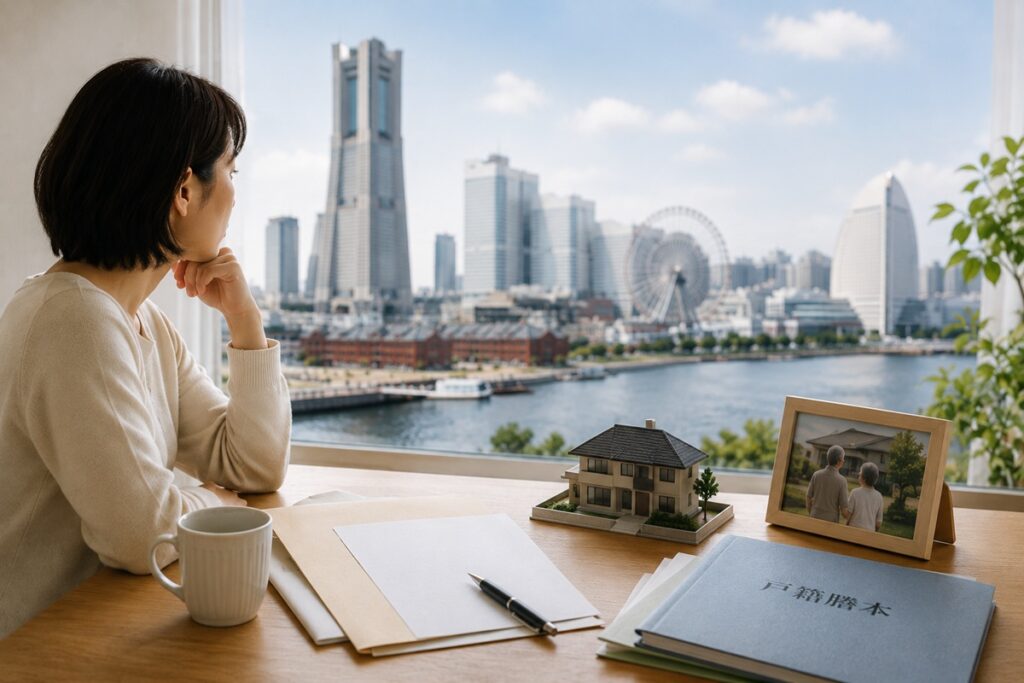一人っ子が横浜の街を眺め、二次相続について考えるイメージ画像
