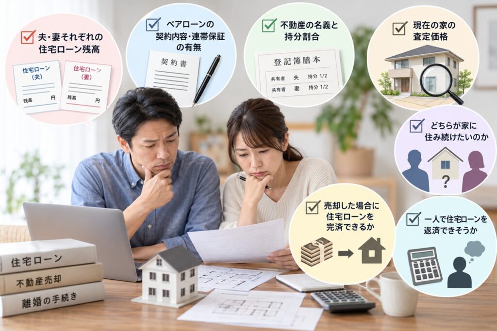 ペアローン離婚でまず確認したいこと

✅ チェックポイント｜まず確認したい7項目

□ 夫・妻それぞれの住宅ローン残高
□ ペアローンの契約内容・連帯保証の有無
□ 不動産の名義と持分割合
□ 現在の家の査定価格
□ どちらが家に住み続けたいのか
□ 一人で住宅ローンを返済できそうか
□ 売却した場合に住宅ローンを完済できるか