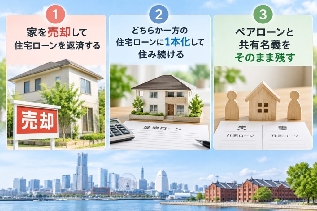 ペアローン離婚の主な3つの選択肢

ペアローン中に離婚する場合、主な選択肢は次の3つです。

家を売却して住宅ローンを返済する

どちらか一方の住宅ローンに1本化して住み続ける

ペアローンと共有名義をそのまま残す