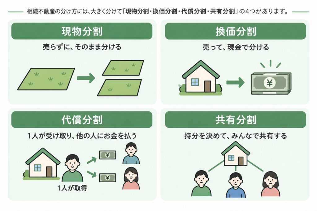 相続不動産の分け方には、大きく分けて「現物分割・換価分割・代償分割・共有分割」の4つがあります