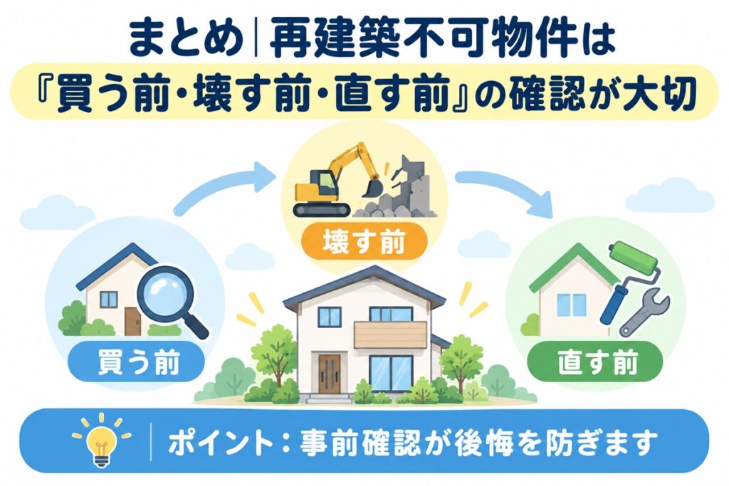 まとめ｜再建築不可物件は「買う前・壊す前・直す前」の確認が大切