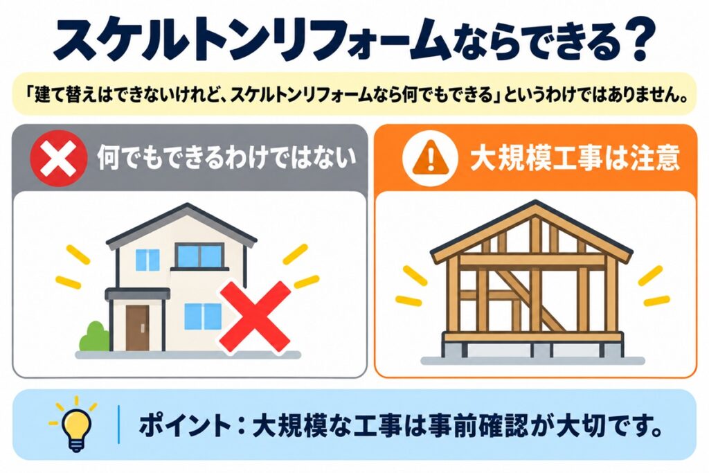 スケルトンリフォームなら何でもできる？「建て替えはできないけれど、スケルトンリフォームなら何でもできる」というわけではありません。