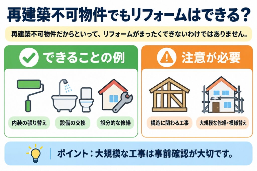再建築不可物件でもリフォームはできる？

再建築不可物件だからといって、リフォームがまったくできないわけではありません。