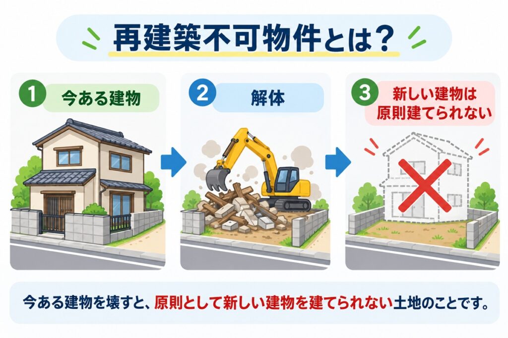 再建築不可物件とは、簡単にいうと、現在建っている建物を解体したあと、原則として新しい建物を建てることができない土地のことです。
